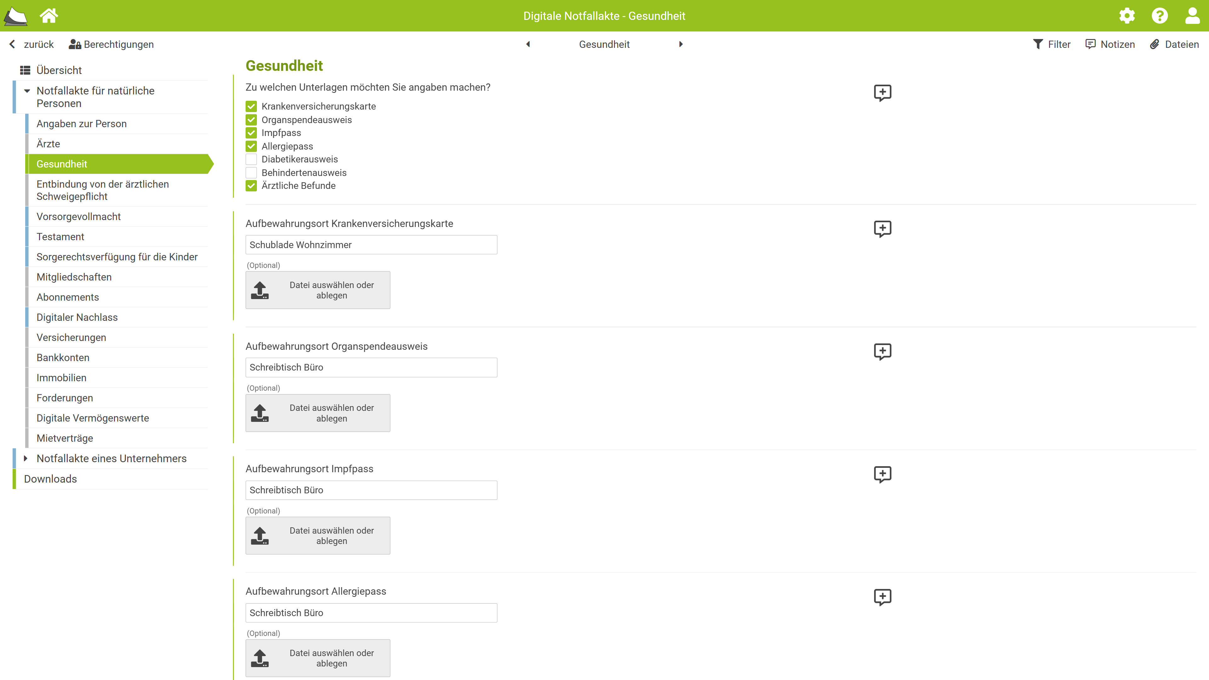 Oberfläche der digitalen Notfallakte
